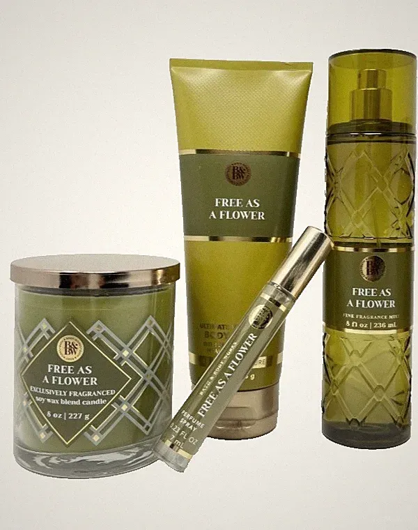 4 Pc Set Bath & Body Works FREE AS A FLOWER Gift Set Mist Cream Candle Perfume